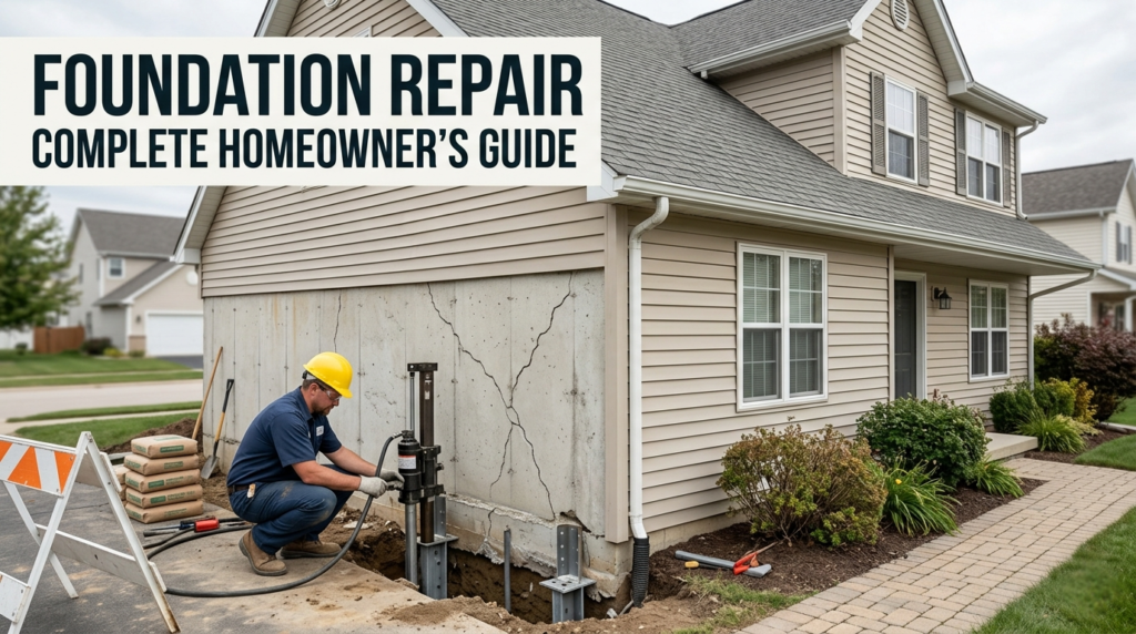 Professional technician repairing a cracked concrete foundation of a residential house using hydraulic piers for stabilization.