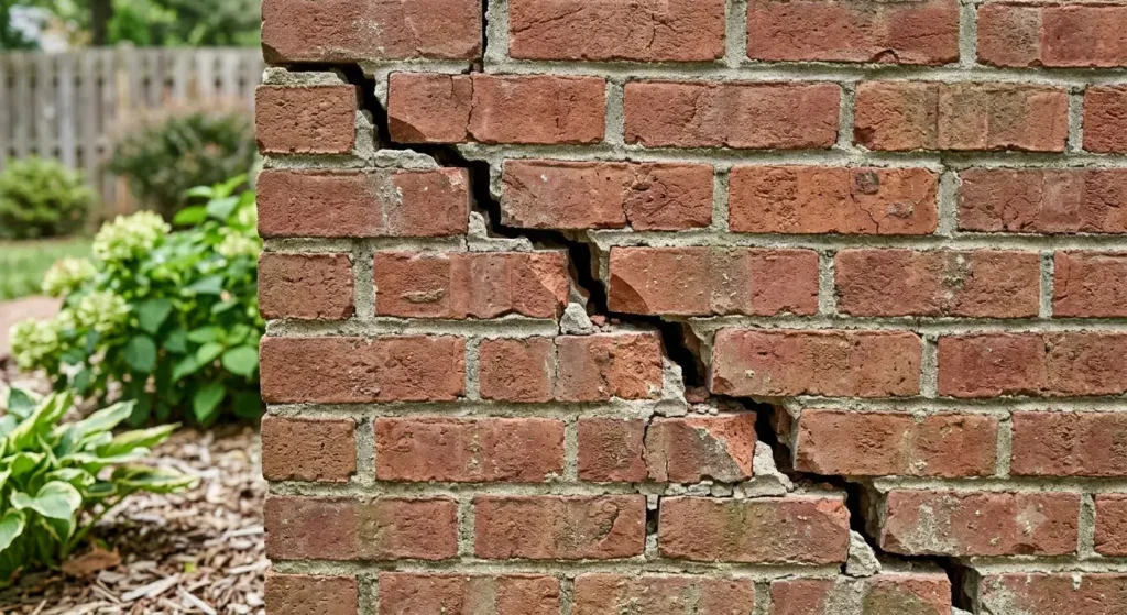 Diagonal stair step crack on exterior brick foundation wall