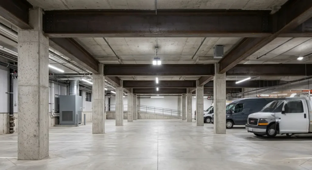 Commercial garage with reinforced concrete columns and steel support beams