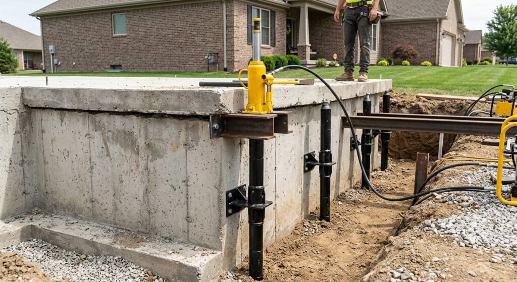 Hydraulic jack and push pier system installed for foundation repair