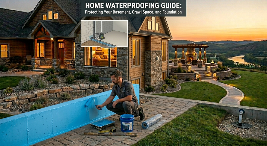 A contractor applying a blue waterproof coating to a residential home foundation wall during sunset.