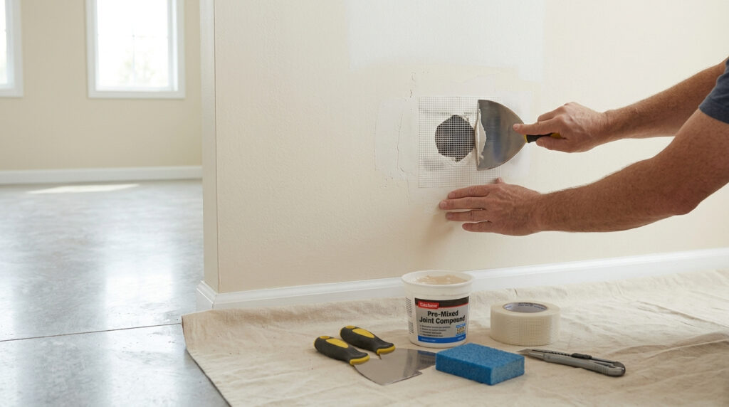 Repairing a hole in drywall with mesh patch and joint compound.