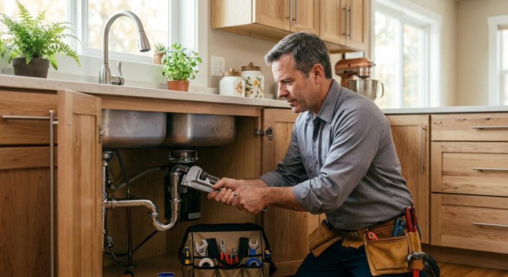A professional plumber repairing a kitchen sink pipe with a wrench, focusing on DIY plumbing maintenance for homeowners.