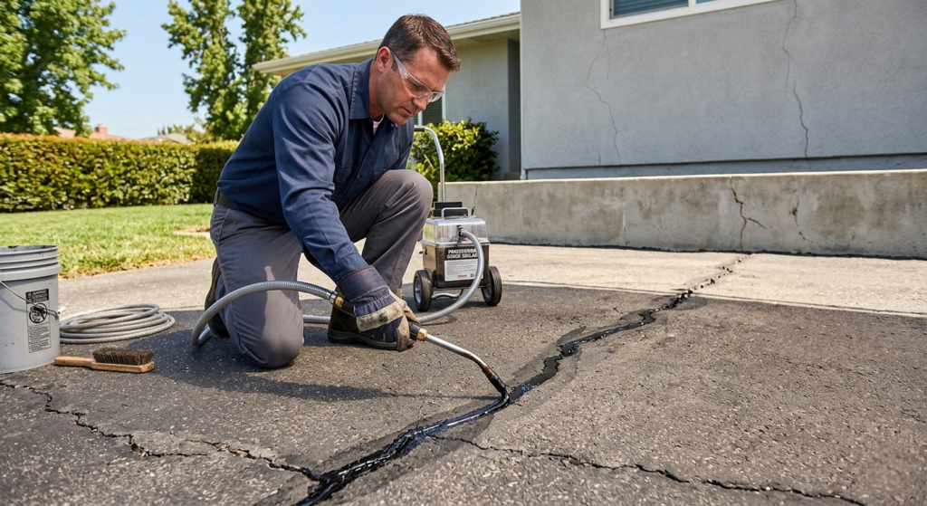 Professional crack sealing equipment and a guide booklet next to a cracked concrete pool structure.