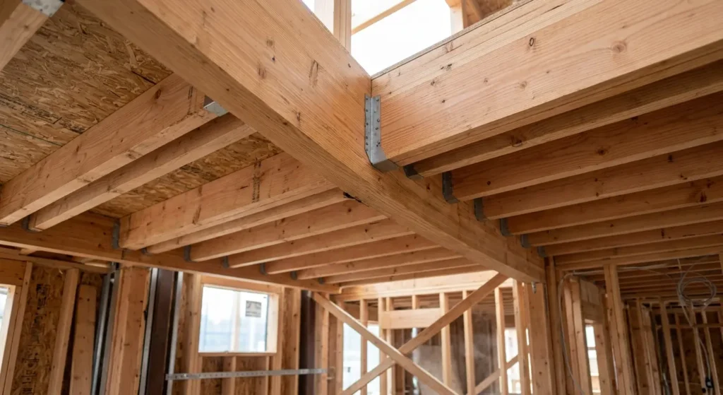Wooden floor joists and beam support system in house framing