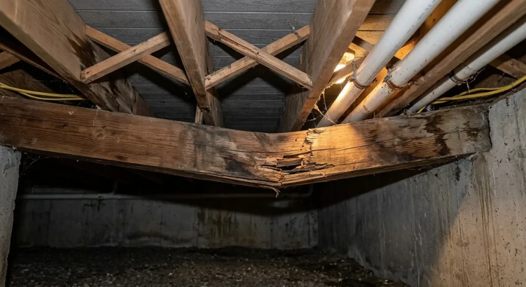 Damaged and sagging wooden floor joist underneath house