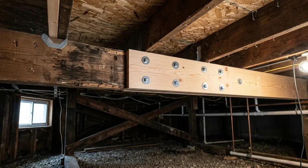 Sistering floor joists process to strengthen weak wood framing