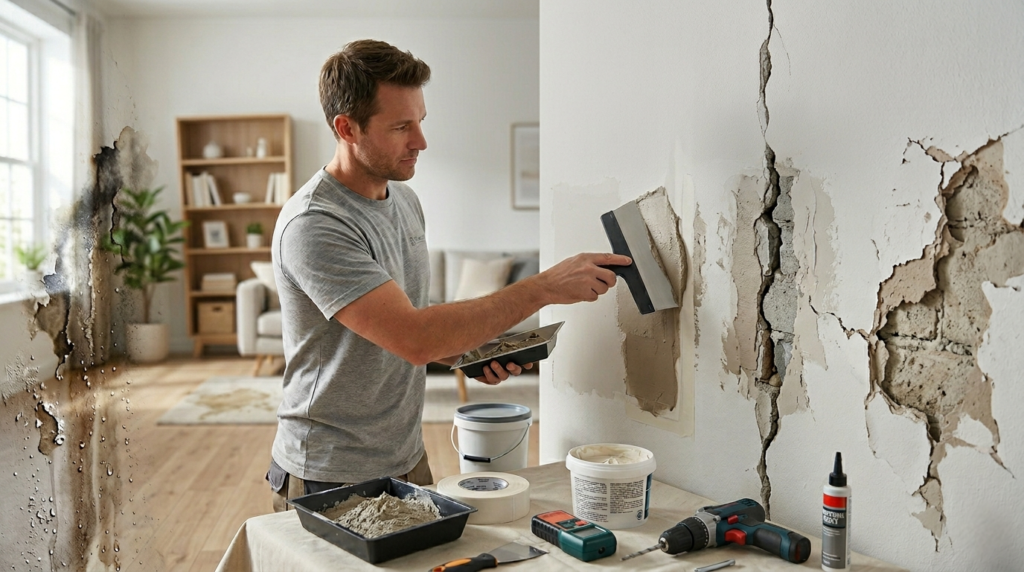 A professional repairing structural wall cracks and addressing water leak damage in a living room.