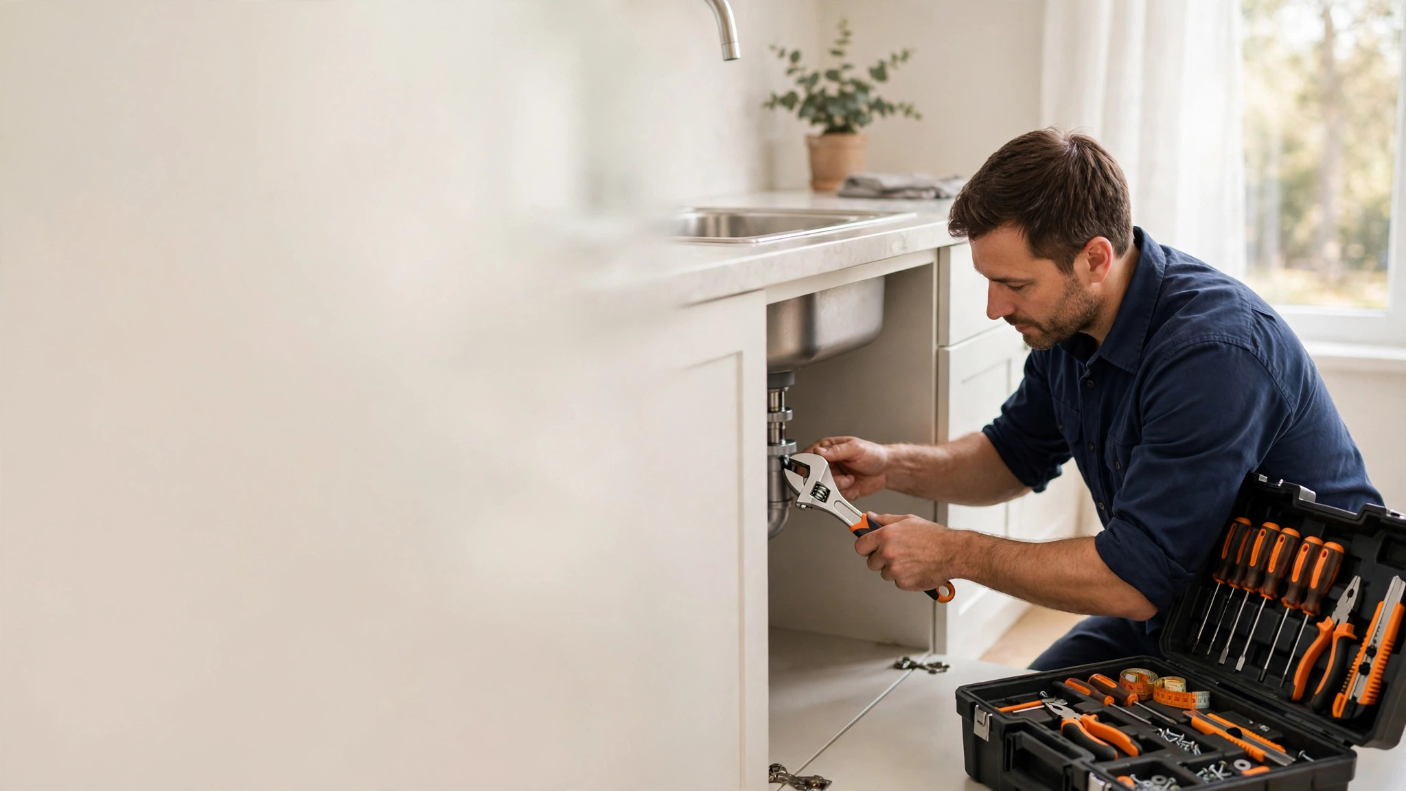 Homeowner repairing a kitchen sink pipe with a wrench and toolbox